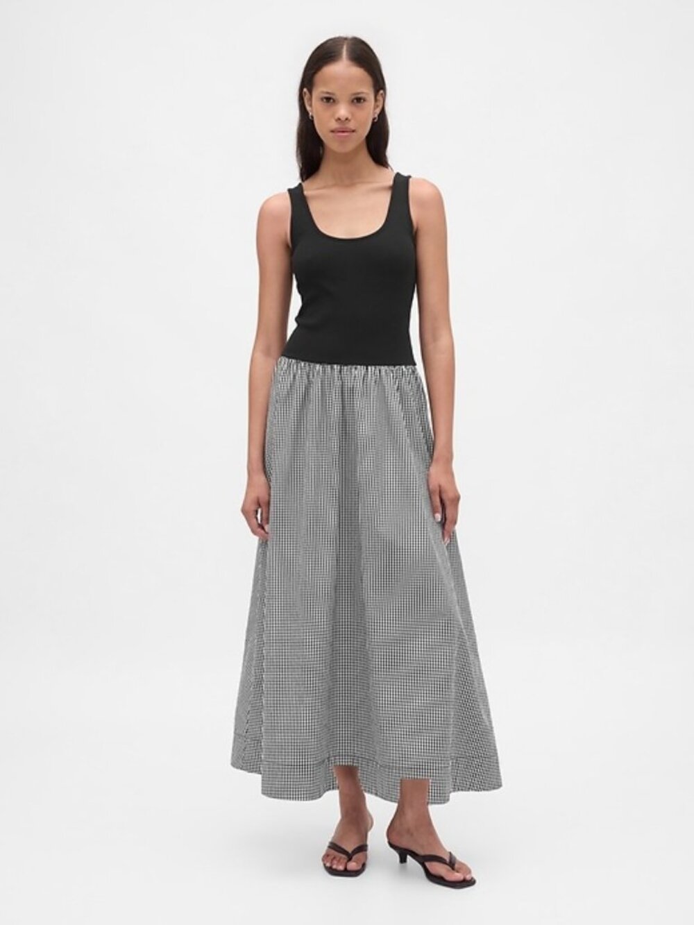 GAP Mixed Media Drop-Waist Maxi Dress Black Gingham Size Small